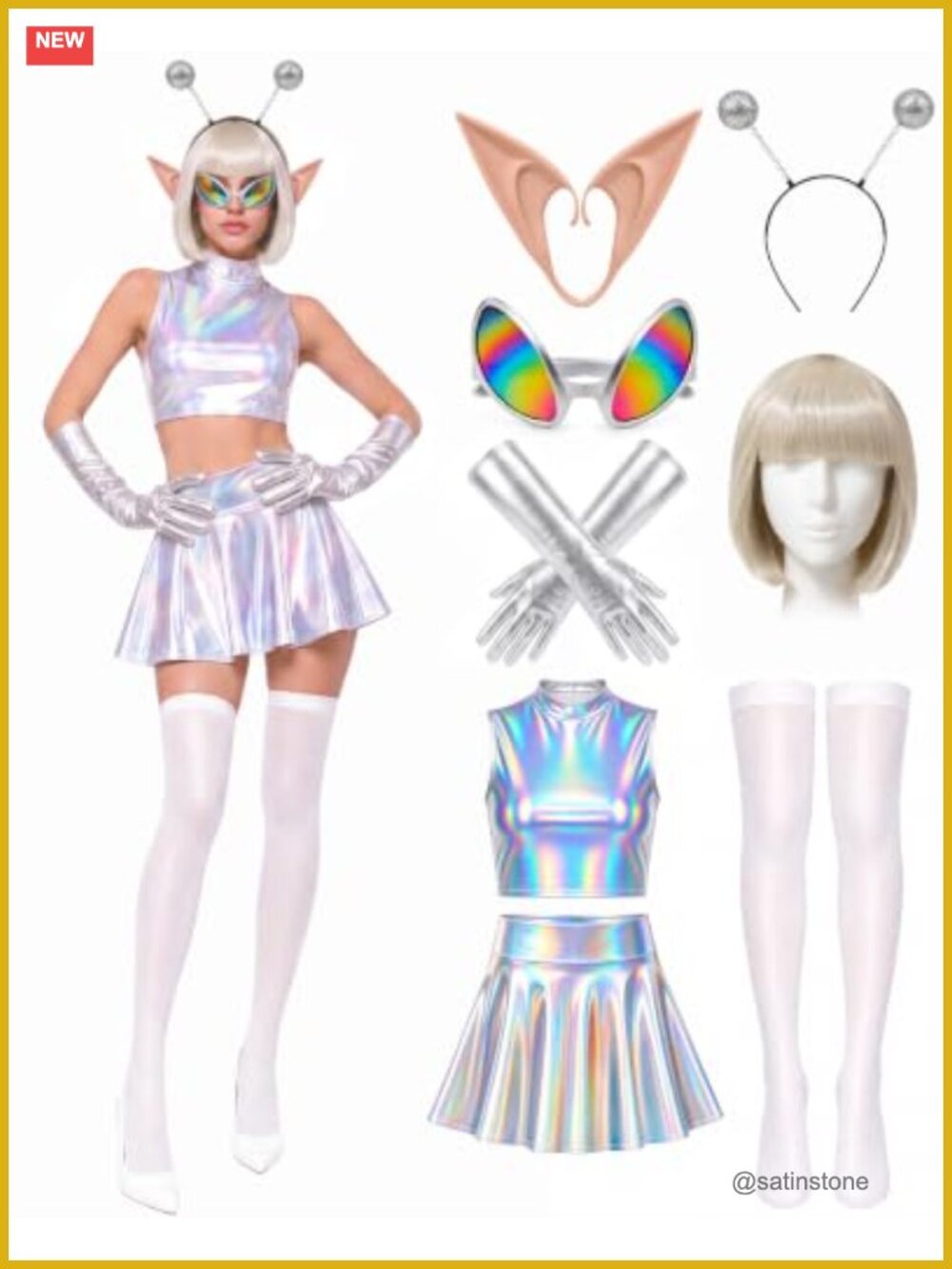 Alien Costume Set 8 Pcs Holographic Cosplay Kit with Wig Tights Accessories